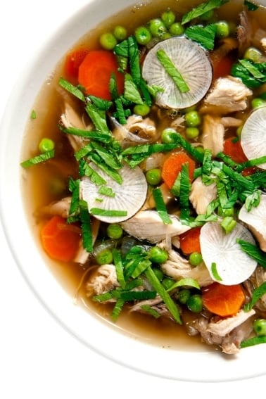 Close up of a bowl of grouse soup.